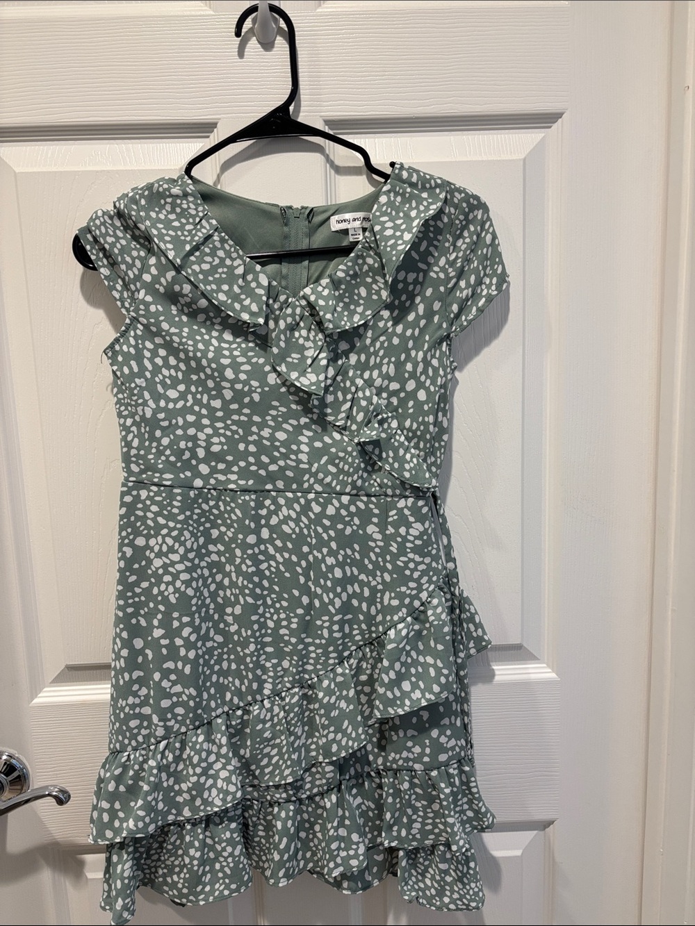 Girls Sage Green Ruffle Tiered Dress with White Speckle Print